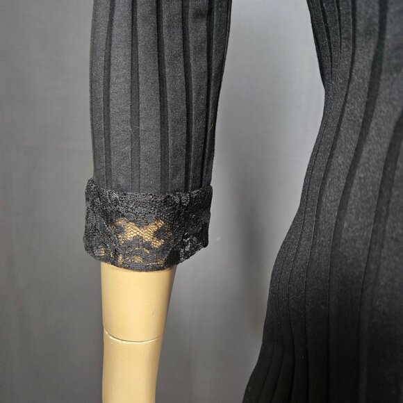 Vintage Bebe Moda Black Ribbed Pencil Wiggle Dress Lace Trim Size L Stretch Midi - Picture 4 of 9